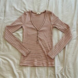 Faherty Rust and White Striped Long Sleeve Henley Top Size XS
